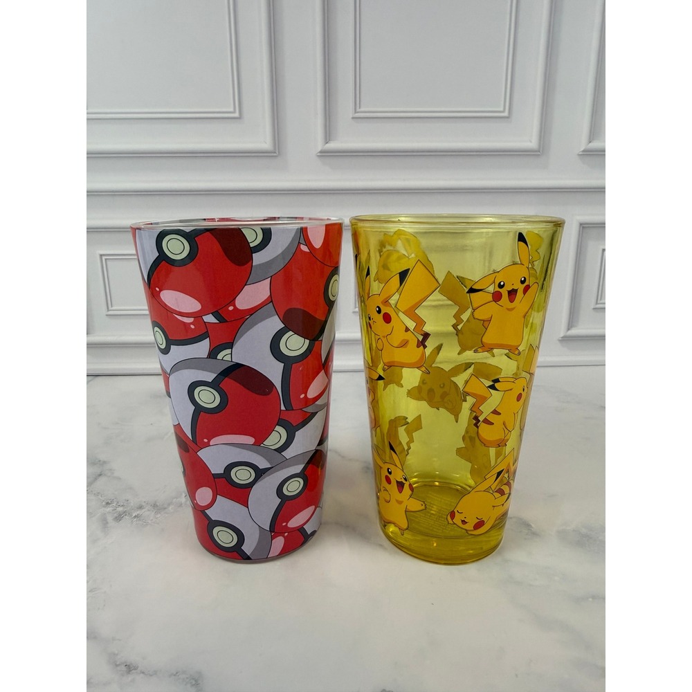 PAIR (2) Pokemon Pokeball Glasses Tumblers 5 3/4" Tall NEW